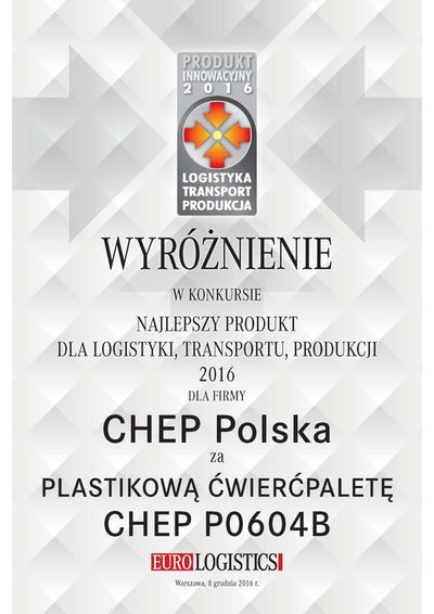 Plastikowa paleta wystawowa CHEP z wyróżnieniem za Najlepszy Produkt dla Logistyki, Transportu, Produkcji 2016